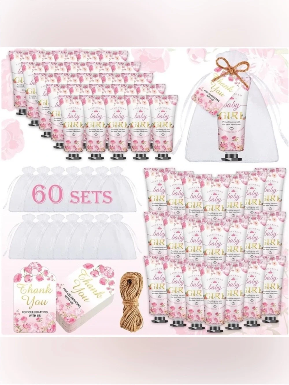 Baby Girl Pink Floral Hand Cream Baby shower Favor Set of 60 NWT
